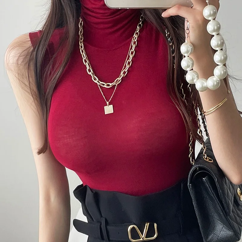 

Retro Wine Red High Collar Slim Fit Svel T-irt Ye5 Body ape Highlighting See tough Commute Sle Korean Version