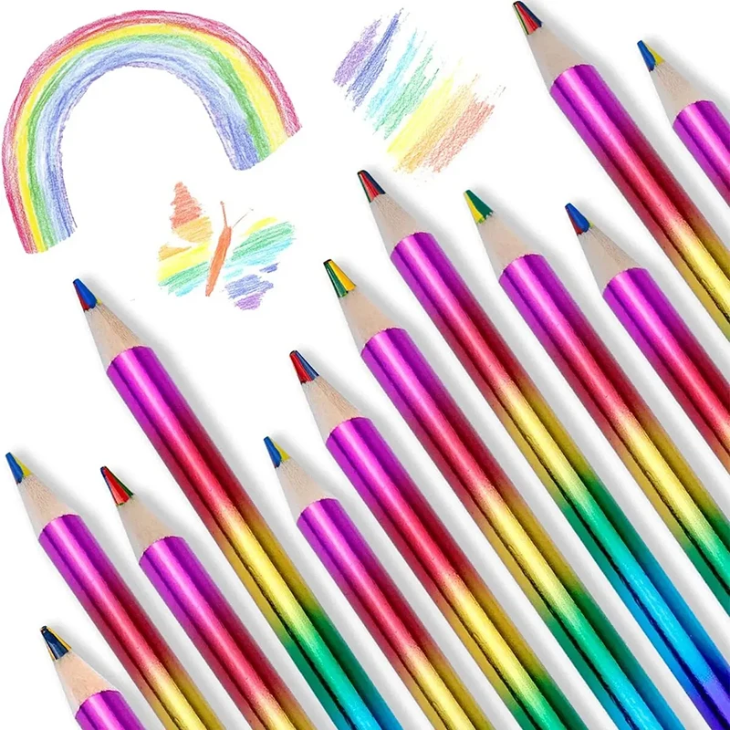 8/16 Pcs Rainbow Colored Pencils, 4 Color in 1 Pencil .Suitable for Schools, Students, Sketching, Doodling, Coloring, Painting.