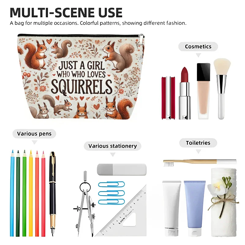 Un sac de maquillage illustré écureuil – Jolie pochette multifonctionnelle à fermeture éclair pour femmes, sac de rangement de bijoux