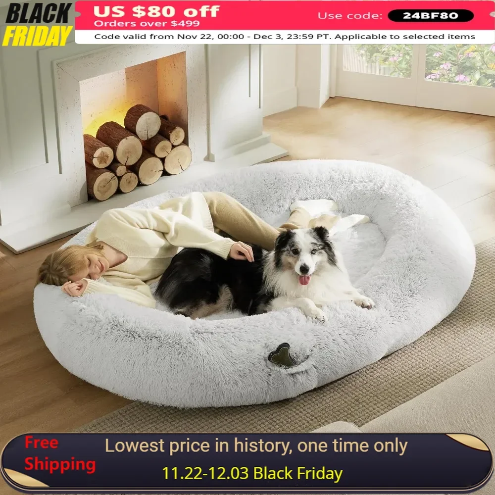 Dog Bed with Memory Foam Supportive Mat and Storage Pocket, Fluffy Faux Fur Orthopedic BeanBed, Fits Pet Families Dog Bed