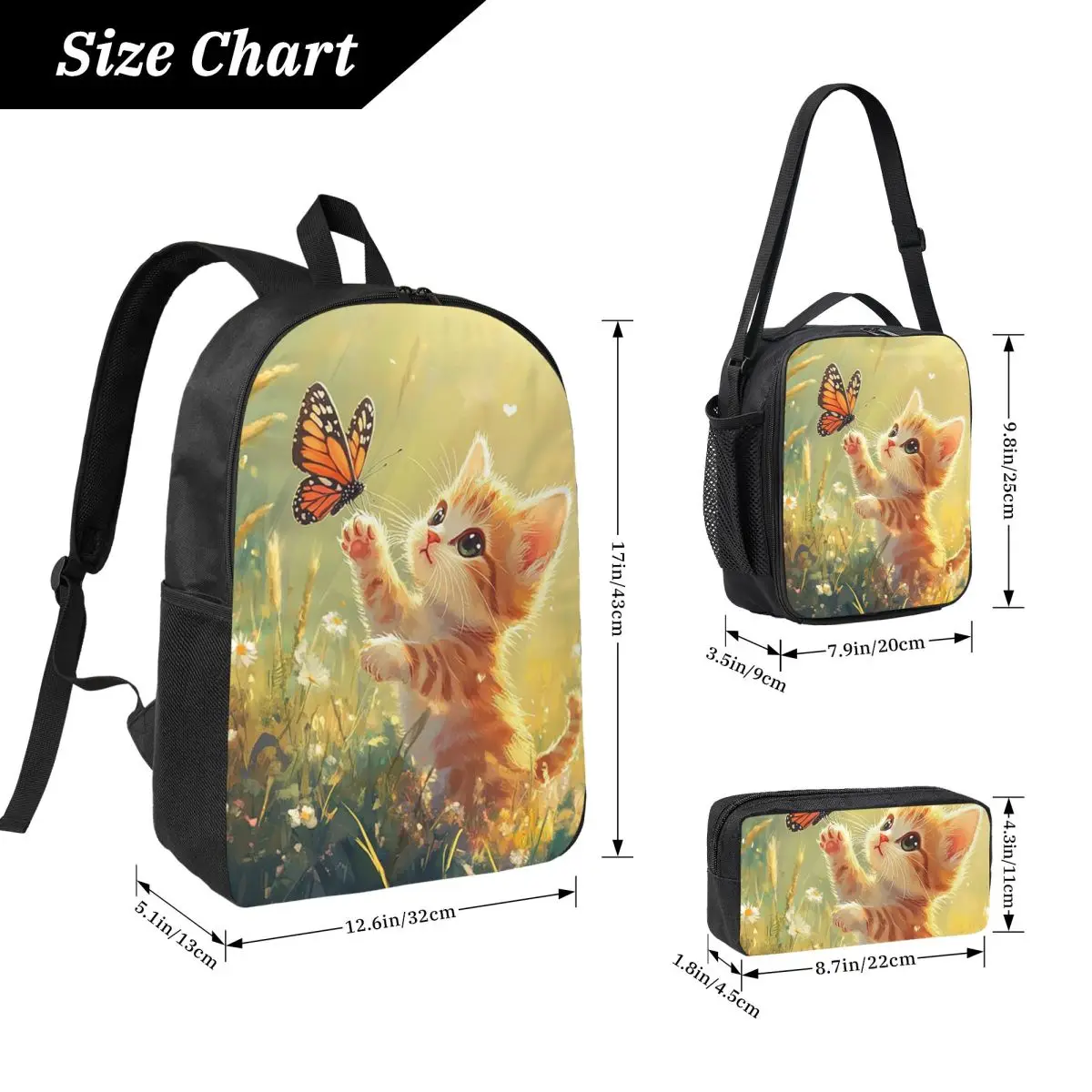 Adorable Kitten And Butterfly In Grass Backpack Student BookBag School Bag Computer Shoulder Bags 3ps Lunch Bag Pencil Case