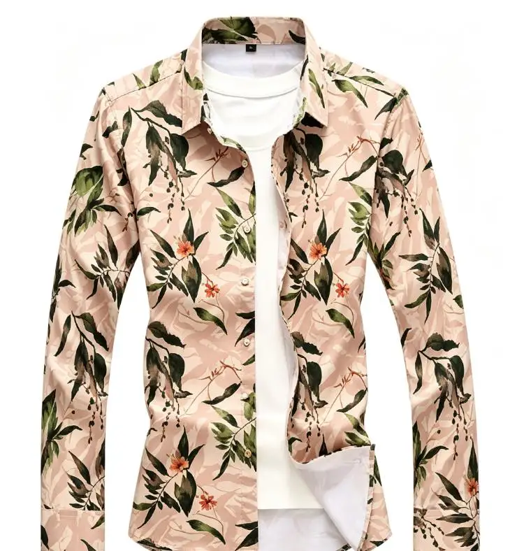Men Turn‑down Collar Long Shirt Fresh Jungle Foliage Mix Graphic Print Button‑front Lightweight Urban Holiday Blouse For Male