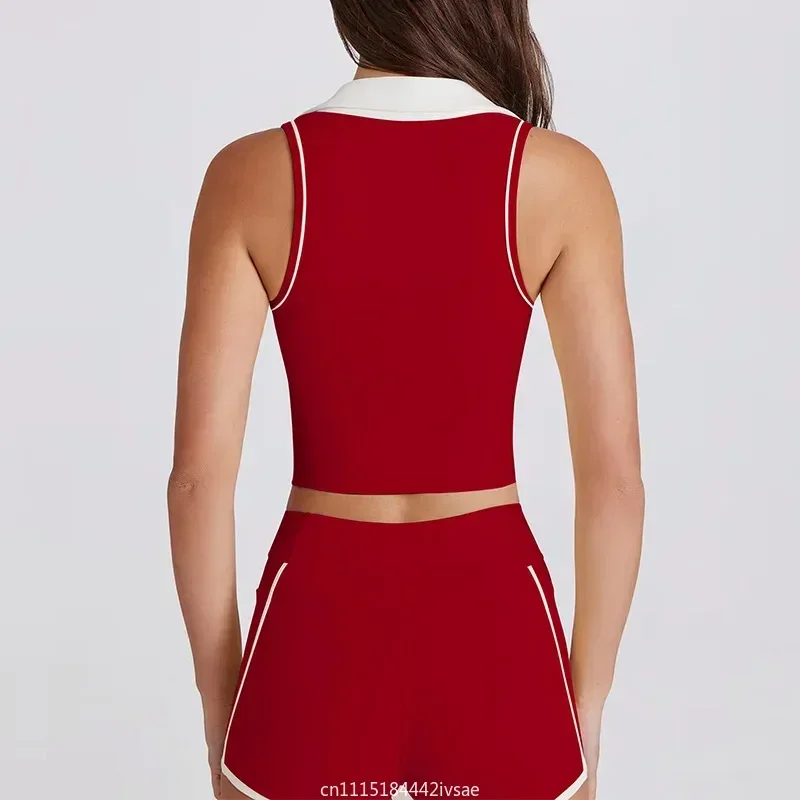 2026 Summer Women Color‑Block Lapel V‑Neck Yoga Tank Top Built‑in Bra Quick‑Dry Breathable Sleeveless Gym Pilates Top