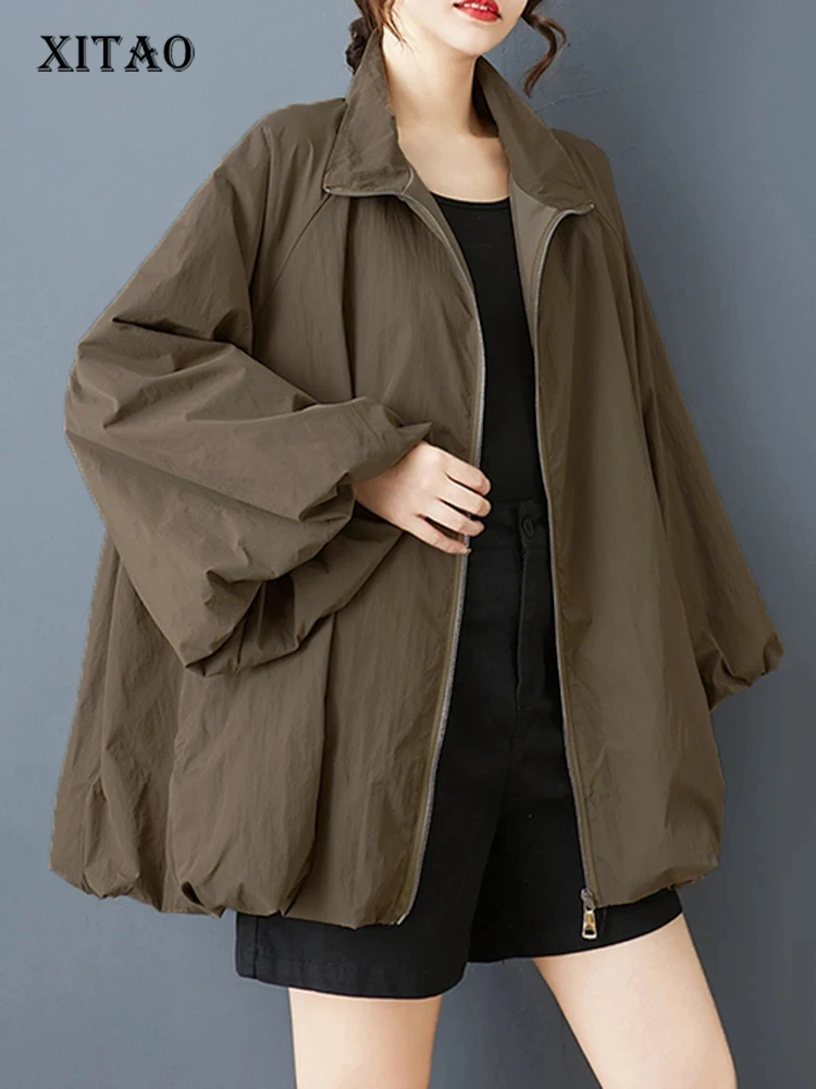 

XITAO Solid Color Zipper Loose Jackets Stand Collar Full Sleeve All-match Pocket New Arrival Temperament Woman Jackets ZMY1405