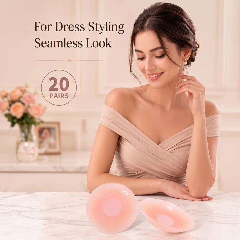 20 Pairs of Reusable Silicone Pink Nipple Covers, Thin Invisible Adhesive Breast Pads Suitable for Weddings, Parties, and Other Occasions