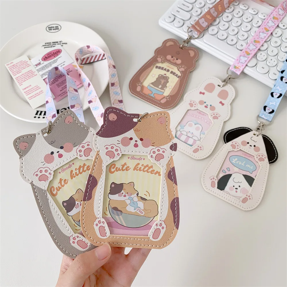 

3inch Cartoon Puppy Cat PU Leather Cards Cover Neck Strap Lanyard Campus Card Holder For Student Bag Pendant Keychain Accessory