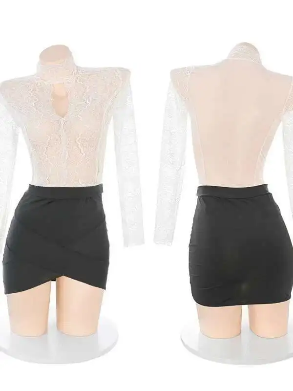 Lace Mesh Secretary Sheer Temptation Uniform Sexy Sexy Split Dress Elegant V Neck Sweet Fashion Sexy Korean Women Top GUM7