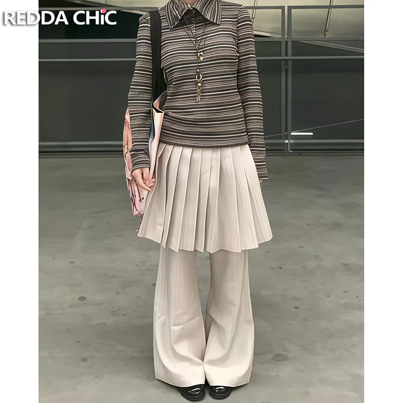 

ReddaChic Casual Pleated Mid Skirt Long Pants Women's 2025 Autumn Winter Loose Fake Two-Piece Design Flared Pants Korean Style