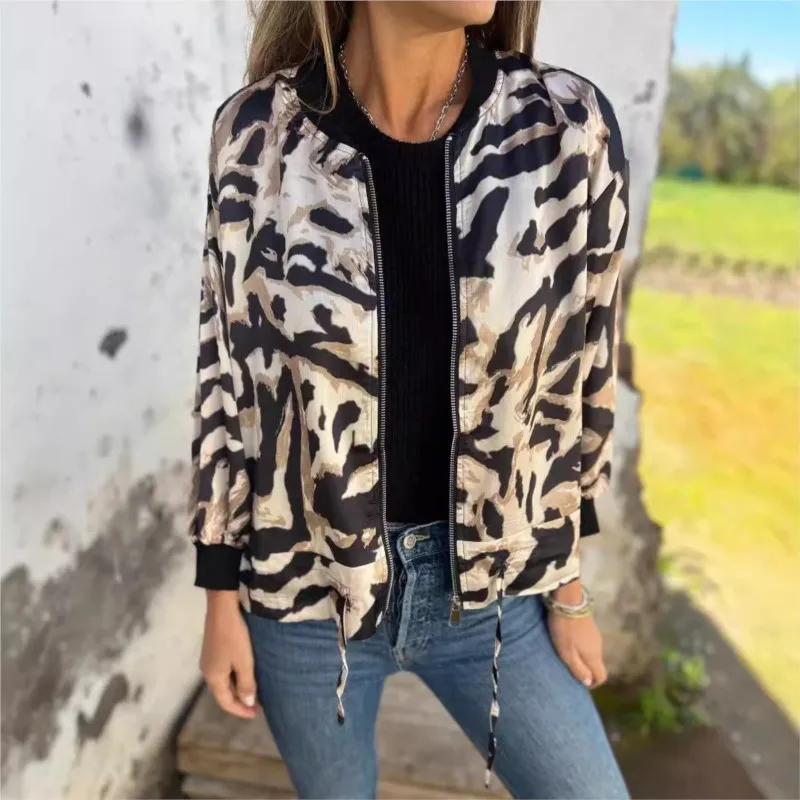 Fashion Leopard Print Casual Jackets Women Classic Chic Long Sleeve Draw Rope Zip Leisure Coats Spring Autumn New Female Clothes