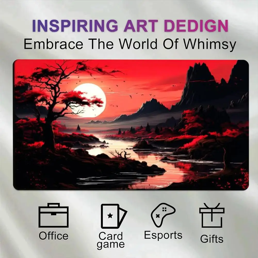 XXL Gaming Mouse Pad Oriental Red Sunset Mountain River Landscape Print Large Desk Mat Stitched Edge Non-slip Rubber Base