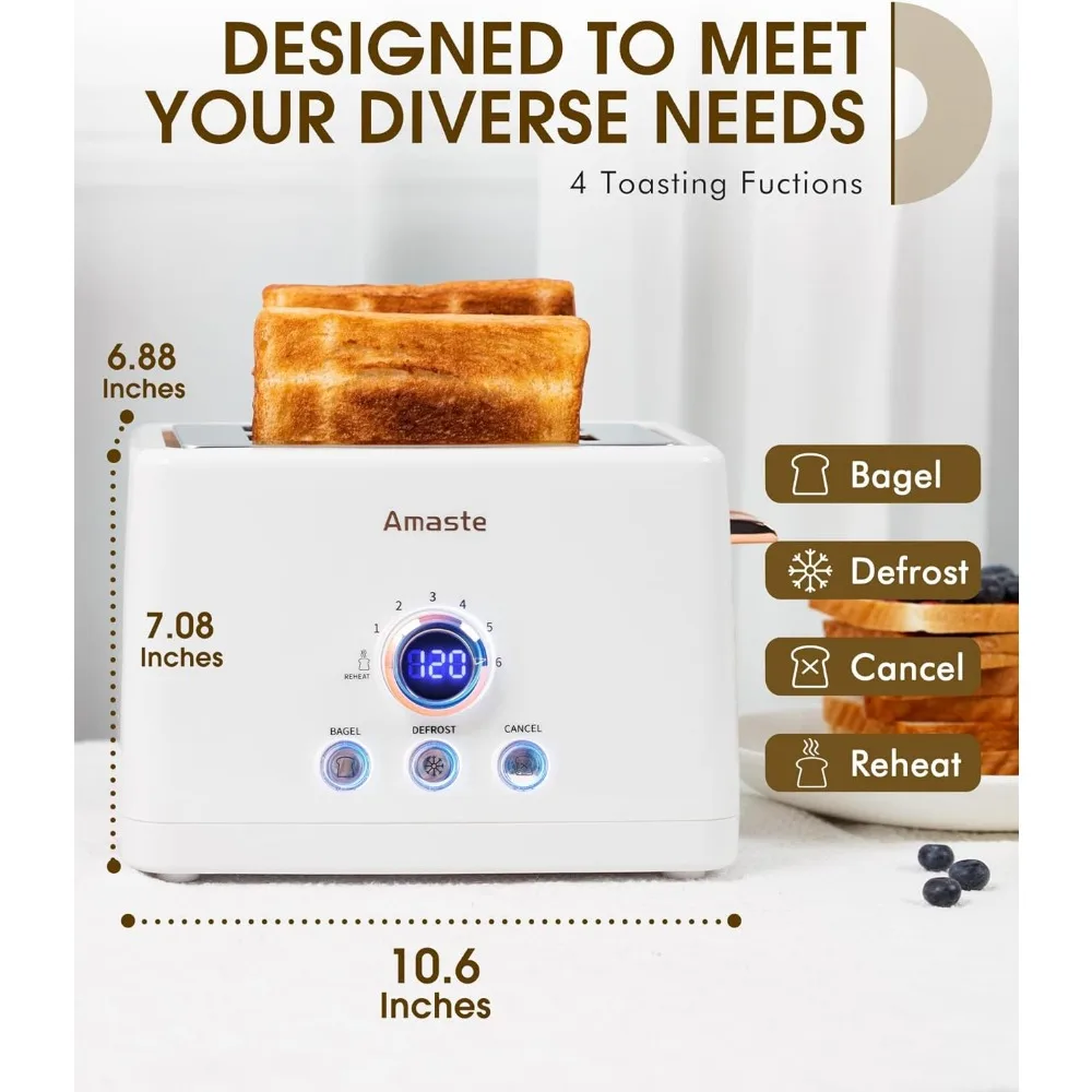 2 Slice Toaster, Retro Bread Toaster with LED Digital Countdown Timer, Extra Wide Slots Toasters with 6 Shade Settings