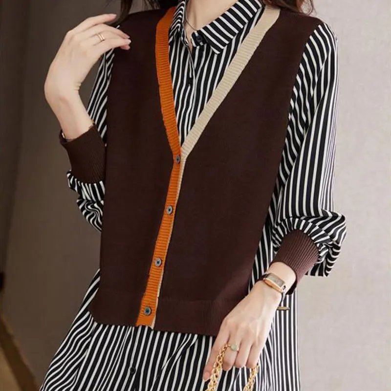 Streetwear Loose Turn-down Collar Striped Blouse Women\'s Clothing Fake Two Pieces Spring Autumn Patchwork Single-breasted Shirt