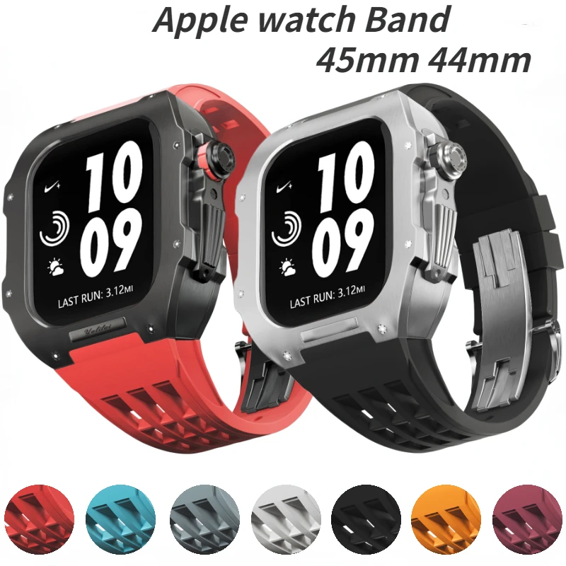 Titanium Alloy Case＋Fluoro Rubber Strap For Apple Watch 8 7 45mm 44mm Luxury fashion Sports bracelet iWatch 6 5 4 SE Accessory