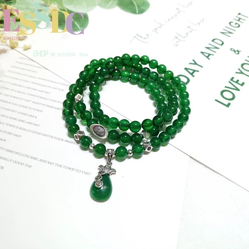 Natural Green Onyx 6mm S925 Sterling Silver Money Bag Pendant Ingot Beads Three Circles Bracelet