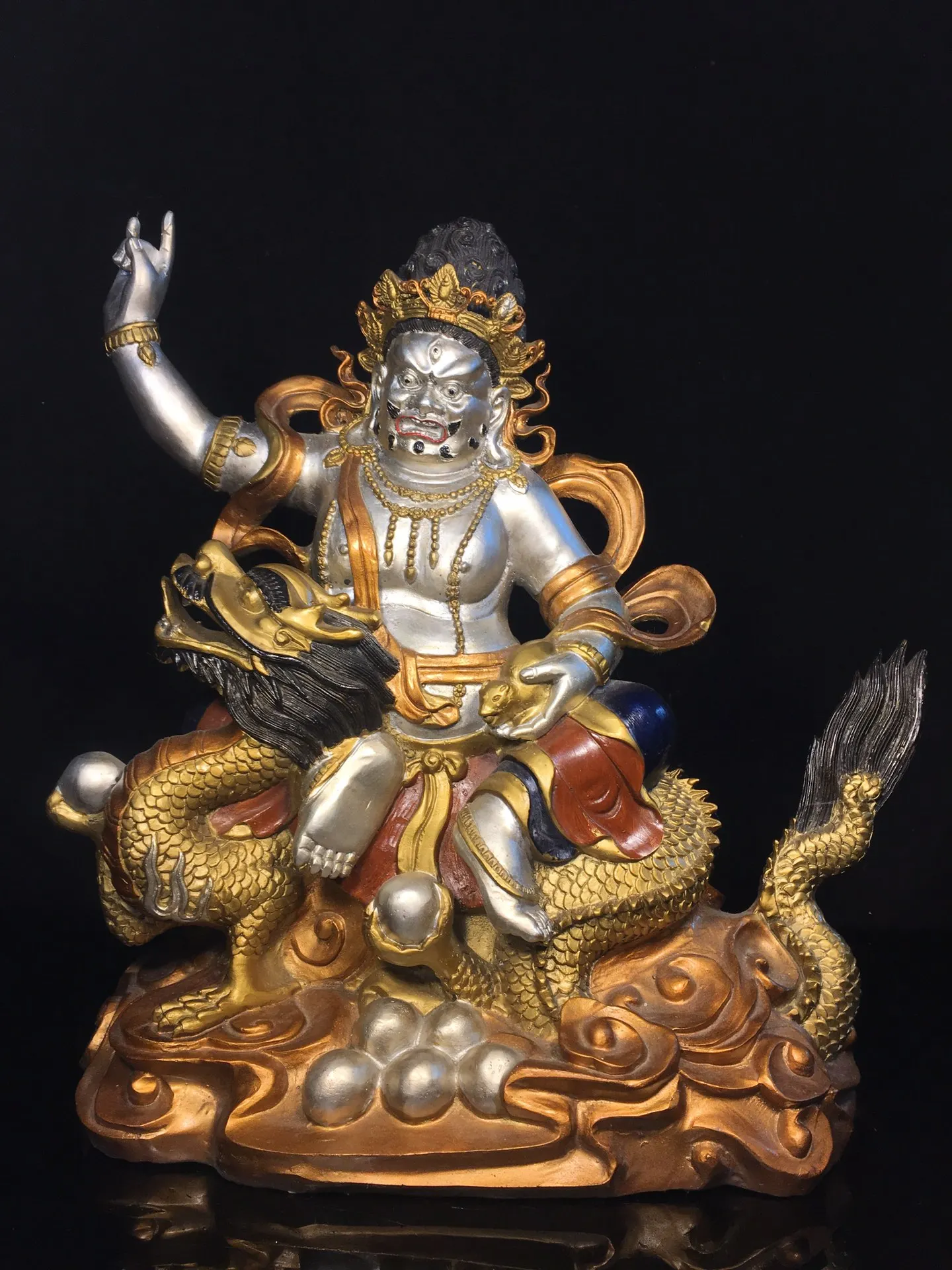 Old Bronze Gilded Painted Face White Jambhala Sitting Buddha Dragon statue base Buddha platform Amitabha Buddha Worship Hall