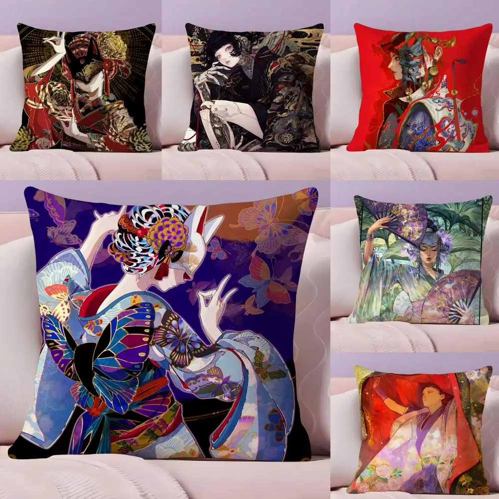 Japanese Cartoon Girl Kimono Cushion Cover Plush Fabric Soft Double Sided Print Home Sofa High Quality Cushion