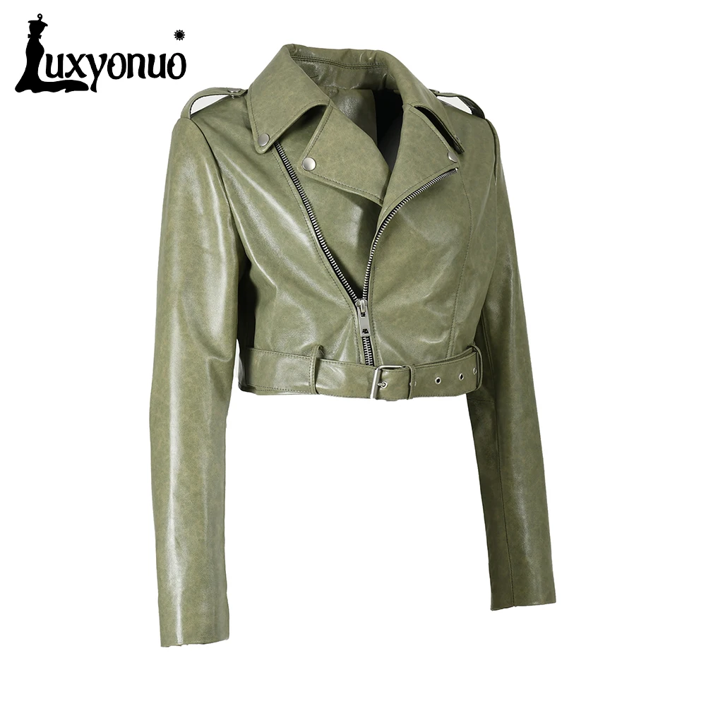 Luxyonuo Women's Moto Biker Zipper Jacket Ladies Genuine Leather Cropped Coat With Belt Spring Fashion Real Leather Jacket Fall