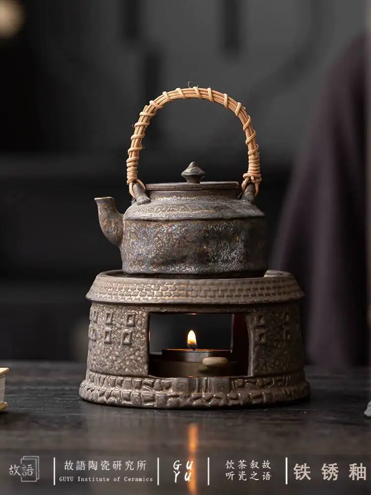Gilt Rust Glaze Teapot Single Pot Japanese Retro Kiln-Fired Home Tea Warmer Set With Heating Base