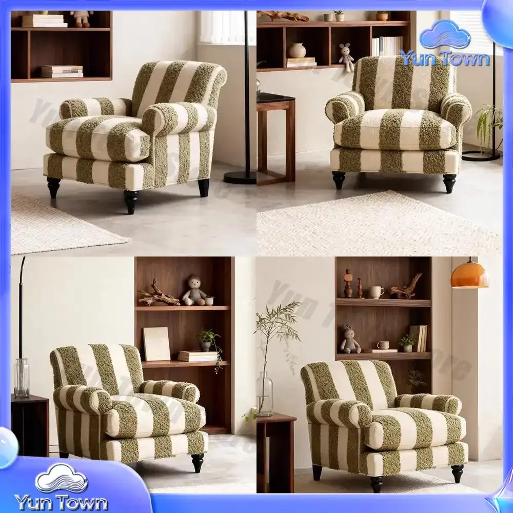 French Vintage Solid Wood Single Seater Striped Armchair for Living Room Bedroom Cream Style Fabric Lazy Sofa Chair for Home