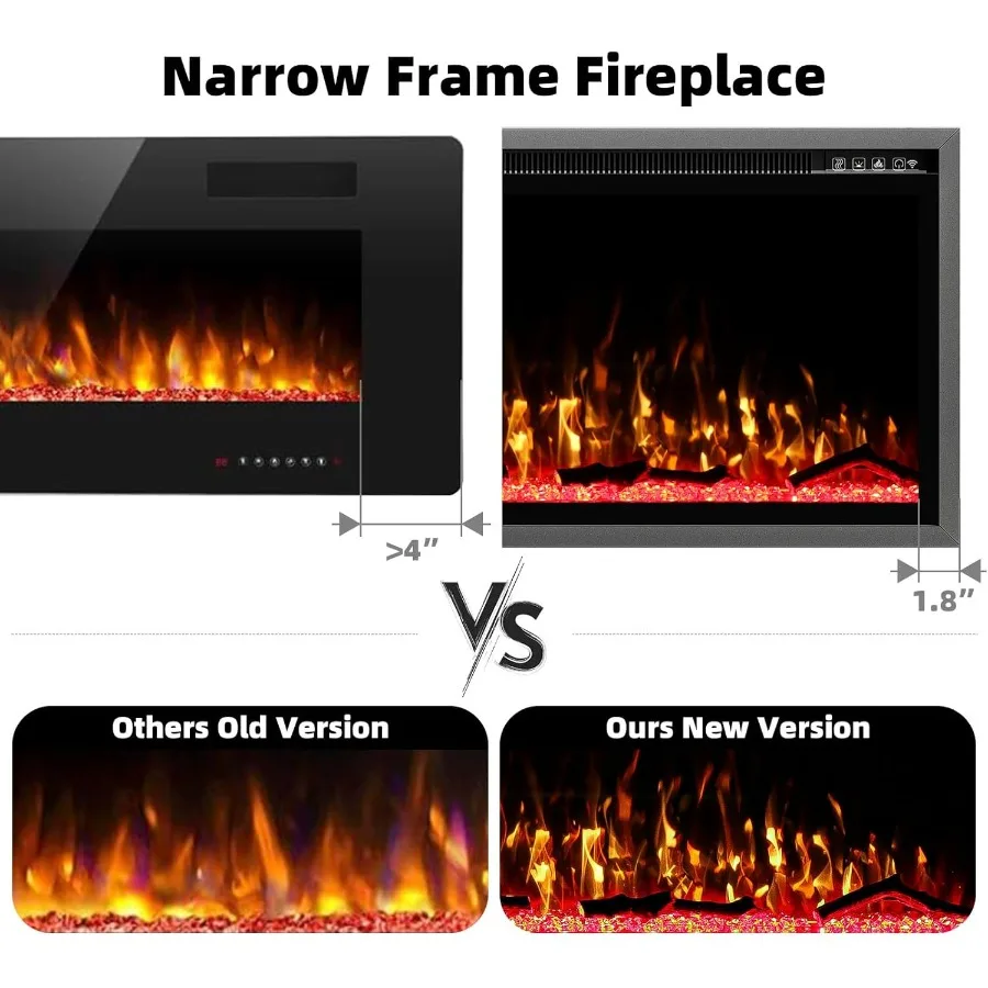 Camino elettrico in cristallo da 42 pollici con design realistico di tronchi e fiamma di cristallo per soggiorno o camera da letto Touch Control e Rem