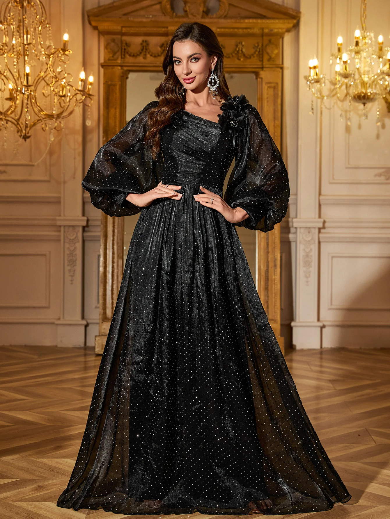 

UNITHORSE Diamond-Encrusted Shoulder Flower Detail Tencel Chiffon Evening Dress Elegant Full-Length Gown for Women