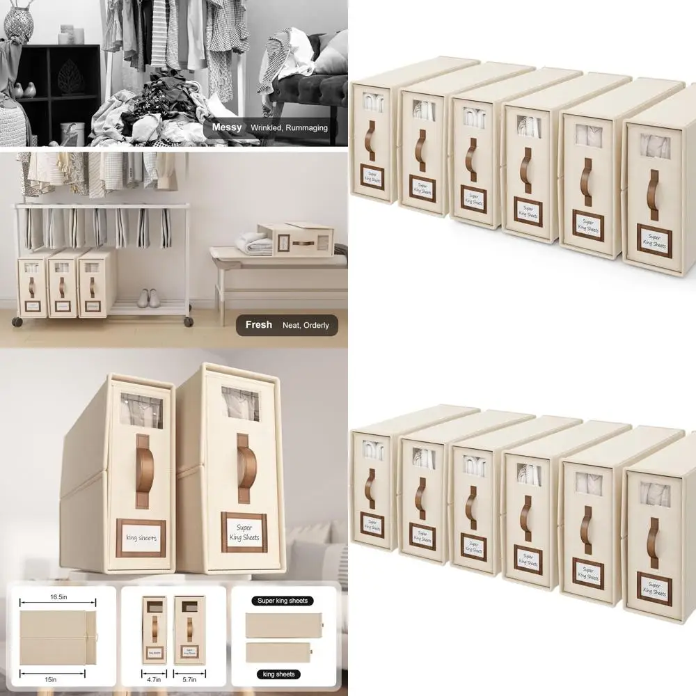 

Collapsible Bed Sheet Organizer for Cal King - Beige Linen Storage Box with Window