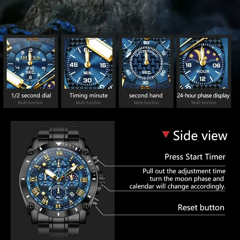 OLEVS 3689 Orologio da uomo Orologio al quarzo di marca di lusso Classico quadrante grande Cronografo con fasi lunari Orologio impermeabile Orologio da uomo originale