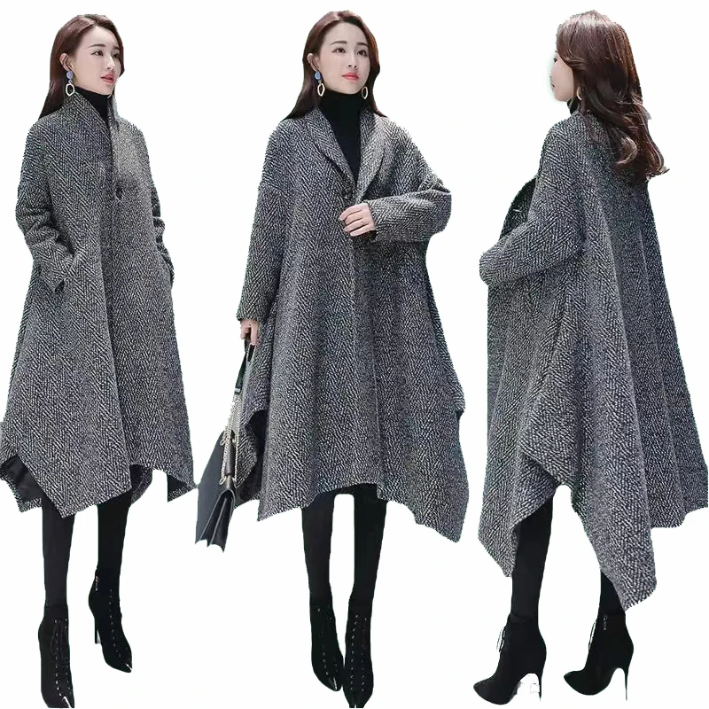 

Women's Korean Loose Long Overcoat Female Cloak Woolen Coat Grey Autumn Winter Popular Clothing