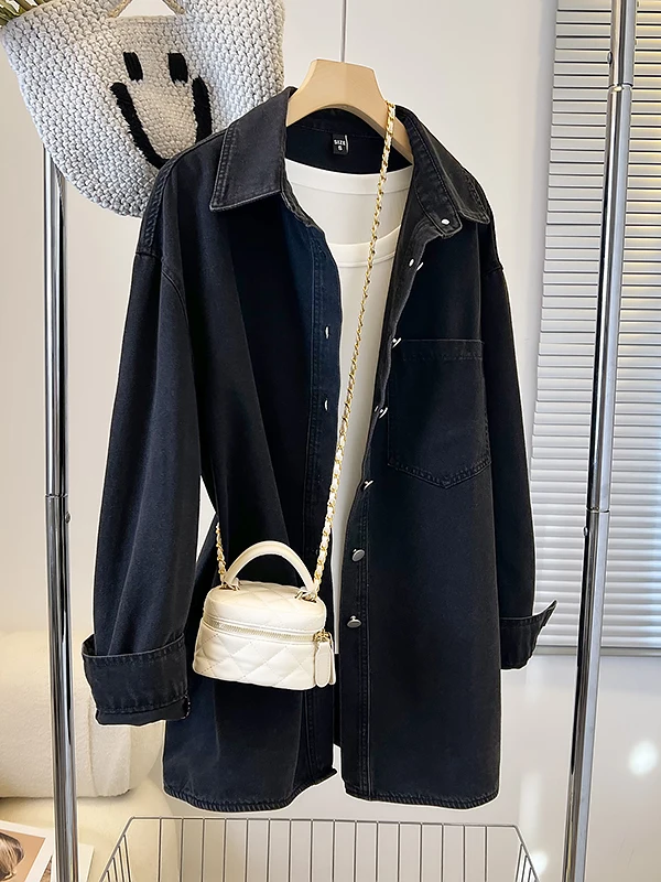 

Свободная винтажная джинсовая куртка с длинным рукавом и воротником, средней длины, повседневная верхняя одежда для женщин больших размеров, осенне-зимнее пальто