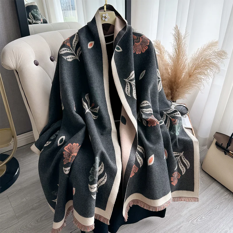 2024 Winter New Luxury Faux Cashmere Scarf Women Floral Print Outdoor Warm Thick Shawl Soft muffler neckerchief