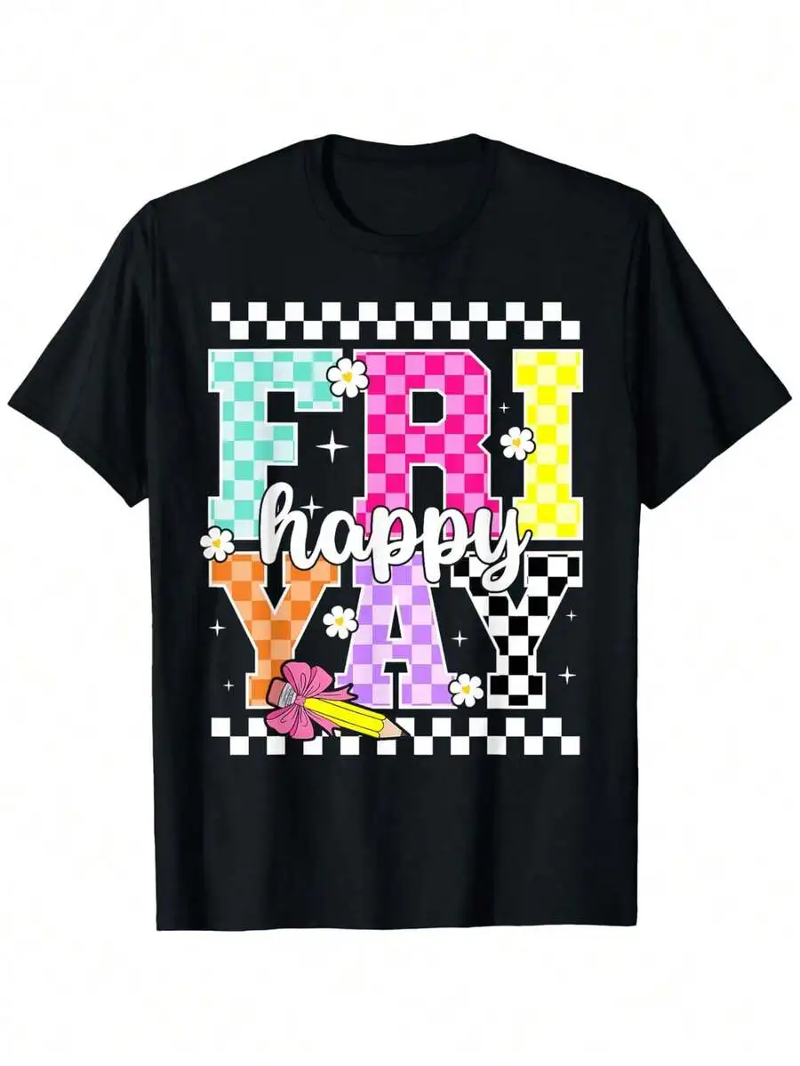 Happy Friyay Weekend Graphic Tee For Teachers, Pencil Daisy Checkerboard Print Crew Neck Short‑Sleeve Casual School T‑Shirt