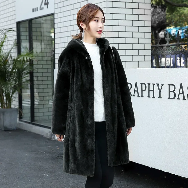 Prawdziwe futro z norek Płaszcze zimowe 2024 Luksusowe futro damskie Ciepłe kurtki z futra norki dla kobiet z kapturem Długa 110cm Casacas Para Mujer SGG