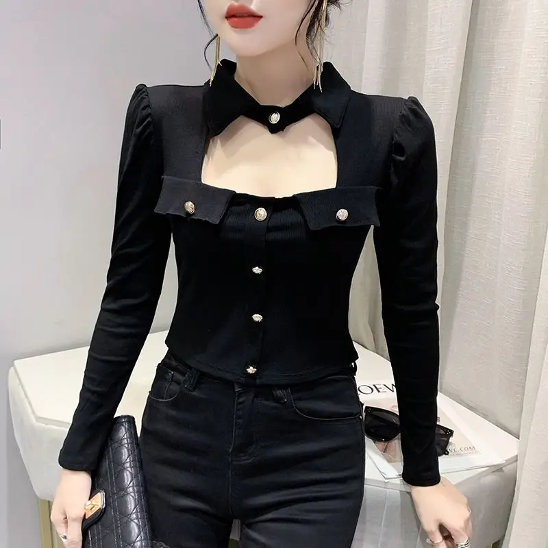 Spring Autumn New Korean Casual Metallic Button Sexy Hollow Spliced Solid Color Women\'s Round Neck Slim Long Sleeve T-shirt Tops