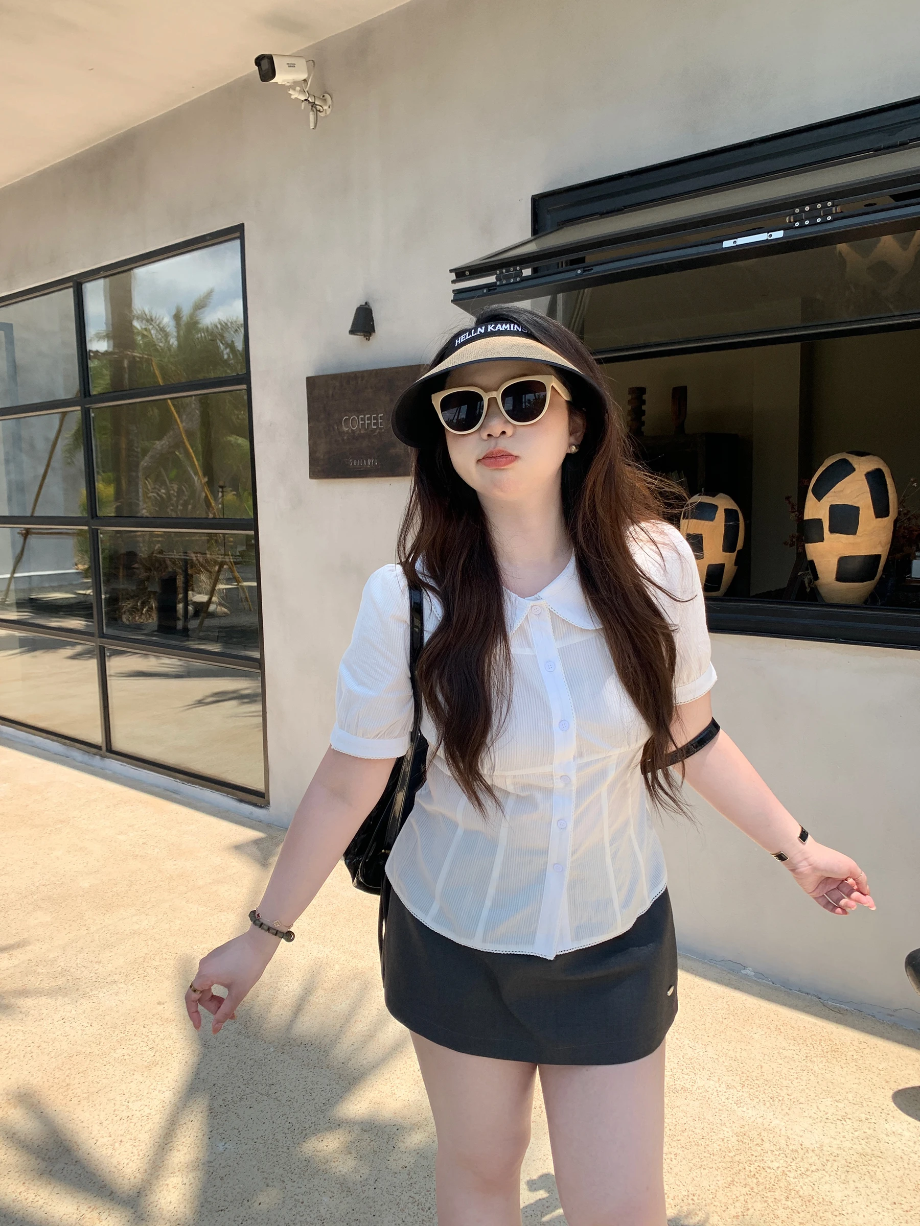 

Женская белая хлопковая блузка с коротким рукавом, воротником-стойкой, рукавами-фонариками и приталенным силуэтом, с эффектом стройности, в стиле Micro Fat Girl Tea Party Doll