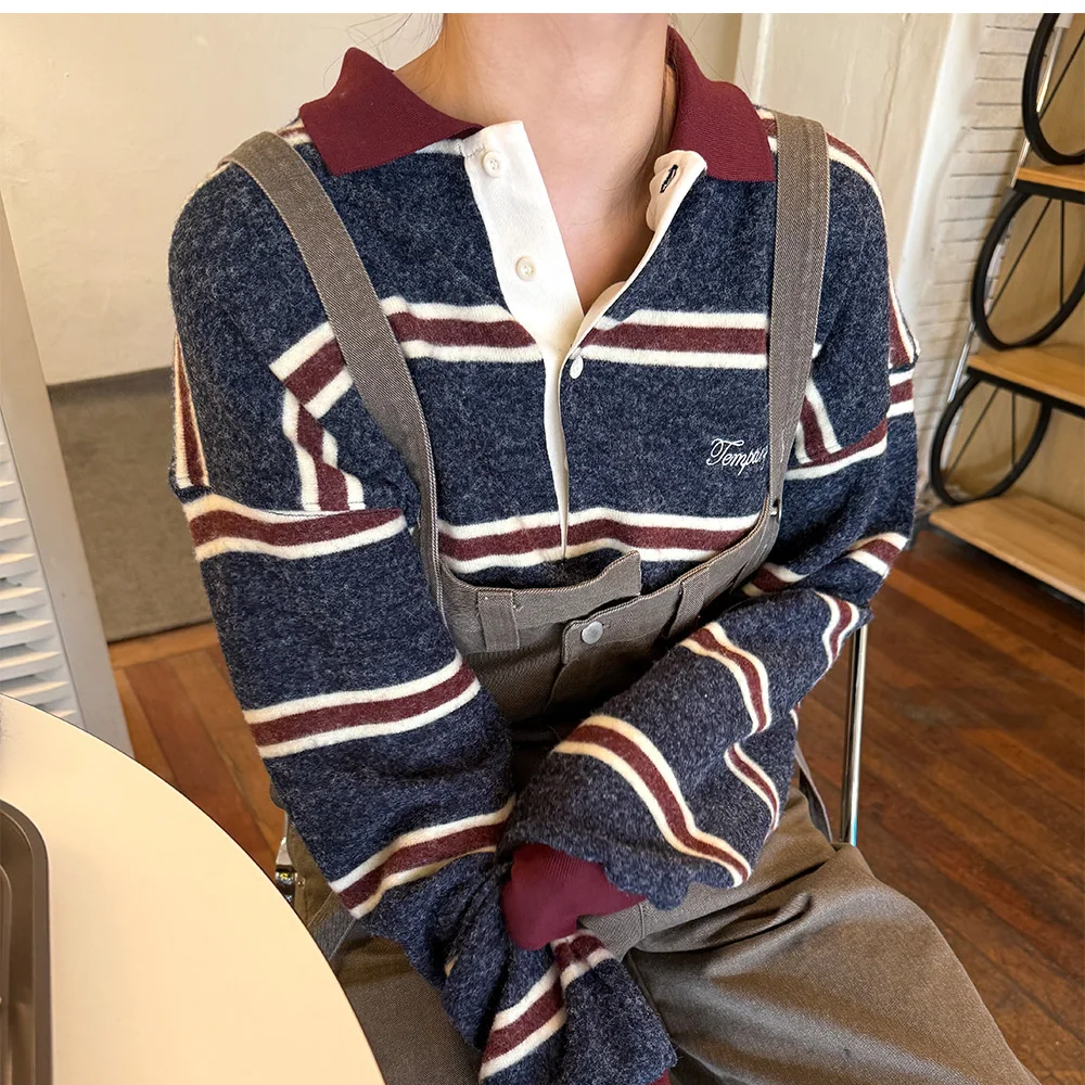 Korean Chic Retro Color Block  Neck Striped Sweatshirt Women Loose Lazy Style Embroidered Long Sleeve Top Polyester Fiber