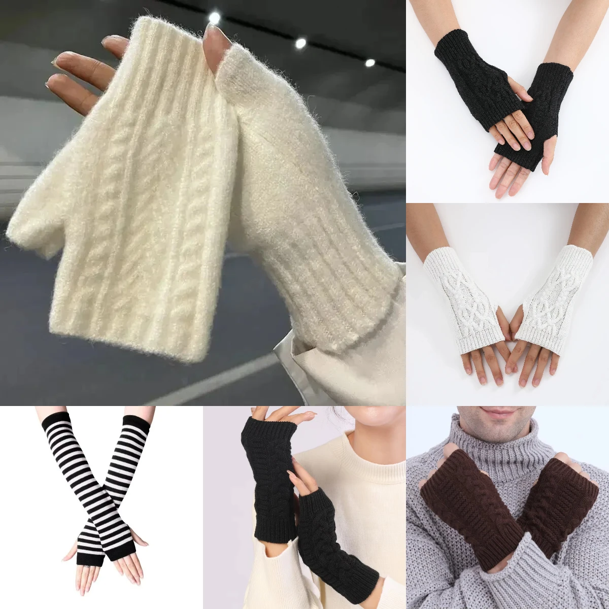 Women\'s half finger gloves are soft and warm in winter, with wool like knitted arm gloves and neutral black and white gloves