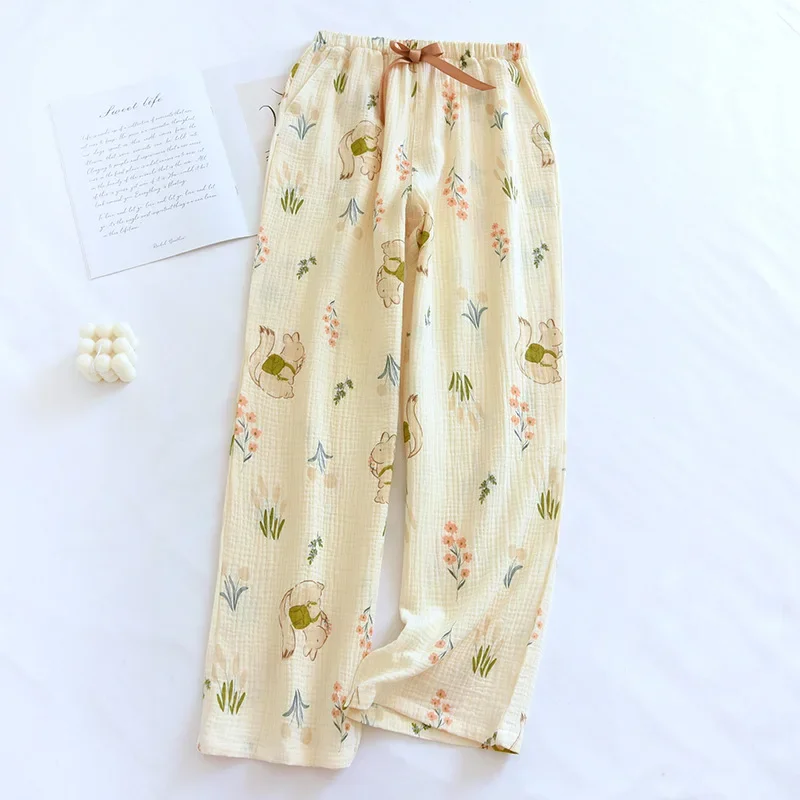 2024 New Women\'s Spring/Summer Pure Cotton Crepe Pants 100% Cotton Ladies Home Pants Large Flower Casual Thin Large Size Pants