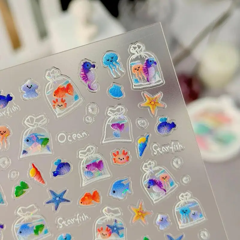 Sommer Strand Nagelaufkleber 5D Geprägte Seestern Muschel Aurora Nagelkunst Abziehbilder Niedliches Ozean-Thema Maniküre Dekoration Urlaub Y2K – Detail 10