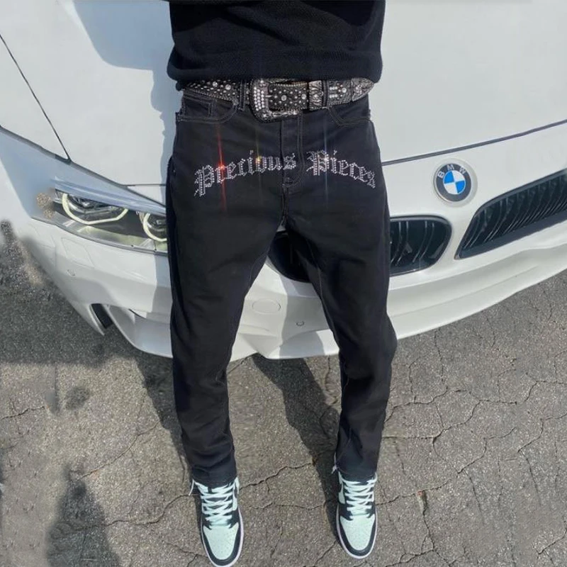 Mans Stretchy Black Jeans Skinny Slim Fit Hot Drill Punk Streetwear Biker Trousers Man Rhinestone Hole Letter Denim Pencil Pants