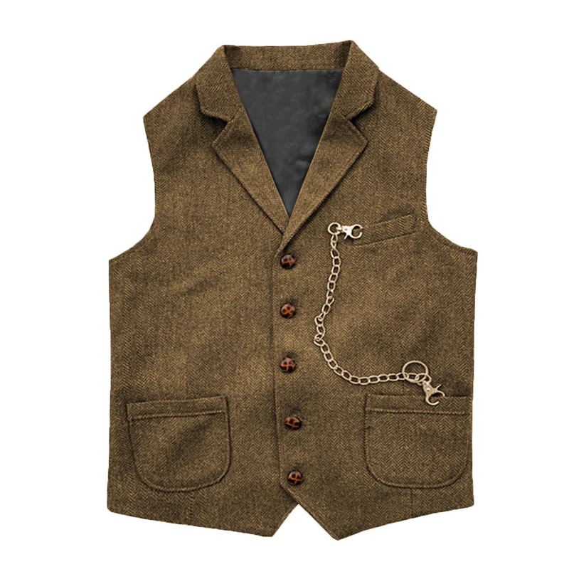 Men\'s Suit Vest for Men Male Classic Mens Brown Vest Gilet Cowboy Waistcoat Man Dress Tweed suits sleeveless Formal Business