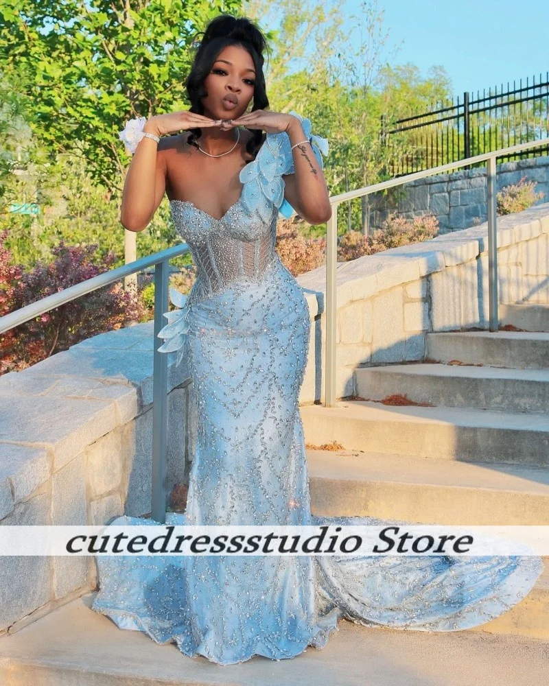 فساتين سهرة رائعة باللون الأزرق الفاتح فاخرة بأحجار الراين والزهور حورية البحر فساتين حفلات فستان نسائي نيجيري مخصص