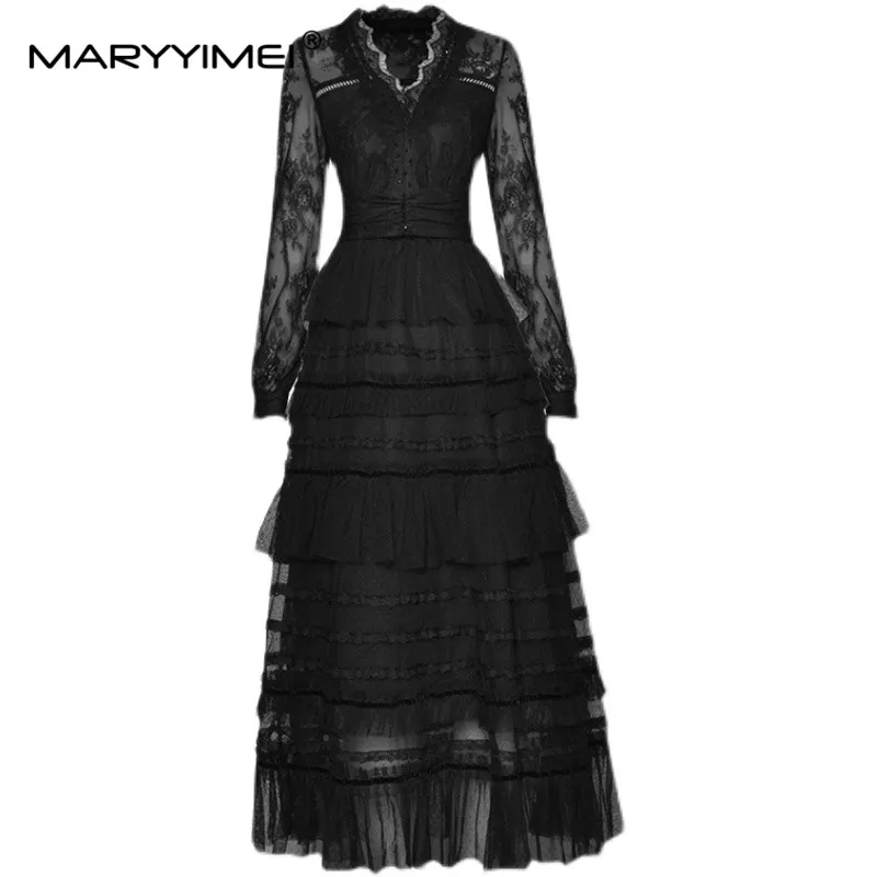 MARYYIMEI Designer Summer Women's Fashion Ball Gown dress V-neck Long sleeved Lace Beading Ruched Cascading Ruffle Cake Dresses