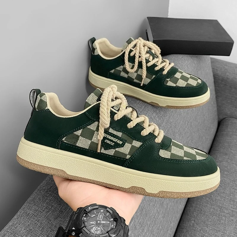

Men's Fashion Low-Top Sneaker Round-Toe Lace-Up Color-Blocking Checkered Design Lightweight Soft-Soled All-Season Walking Shoes