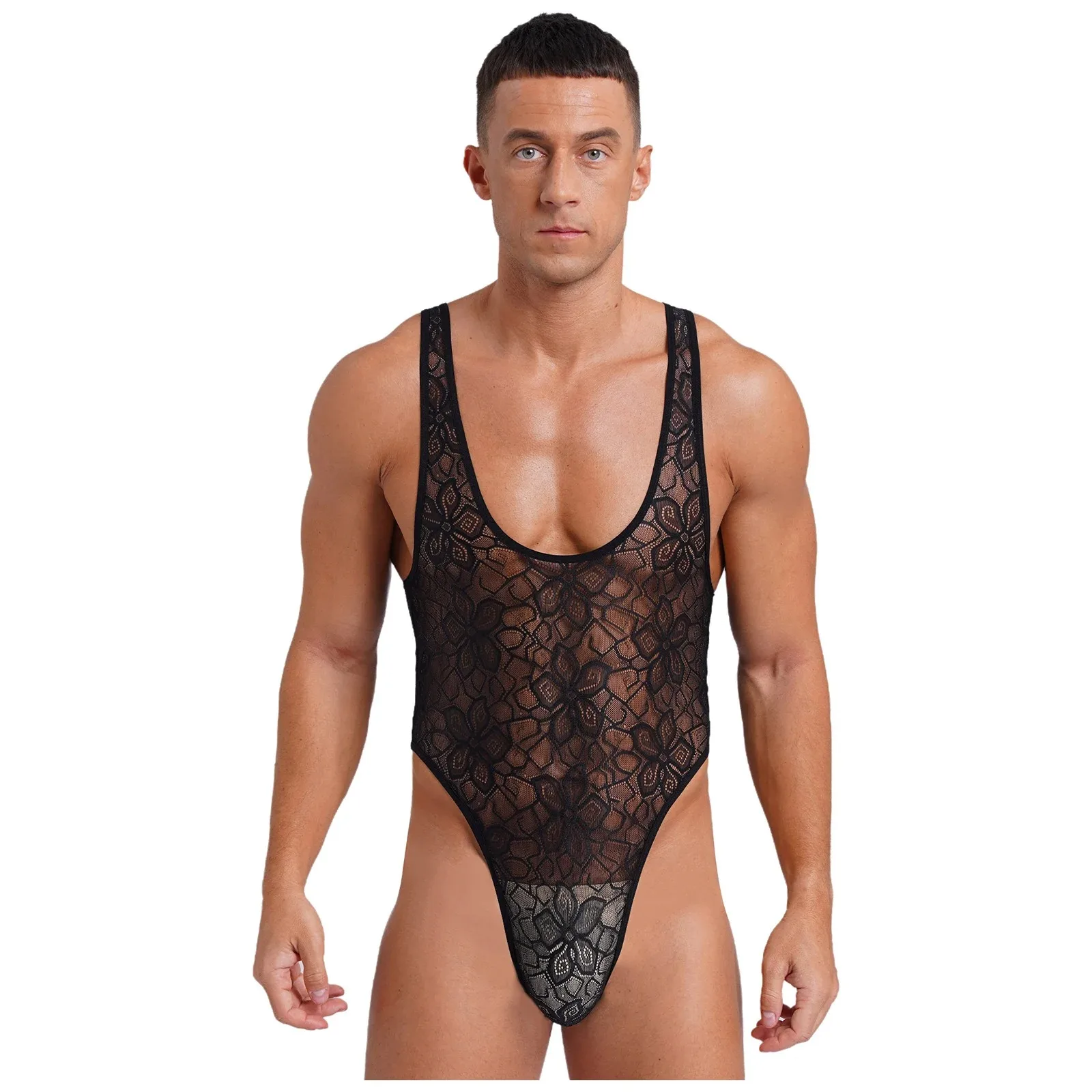 Medias Gay Sissy para hombre, lencería, Tops para el cuerpo, mono transparente con patrón de una pieza, cuello redondo profundo, ropa ajustada