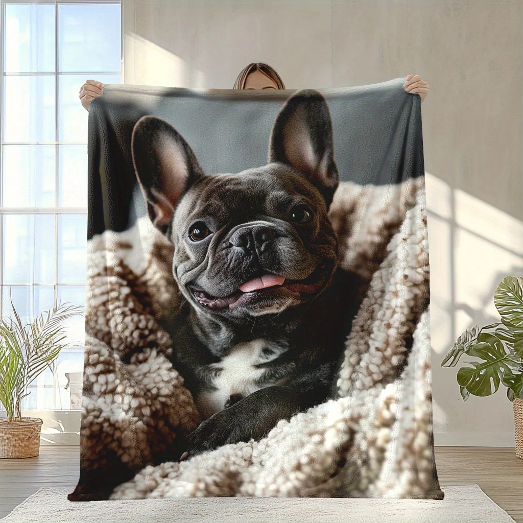 Linda manta con estampado de bulldog francés, manta suave, cálida y acogedora para cama, sofá, coche, camping, regalo ideal para amantes de los perros, 1 unidad