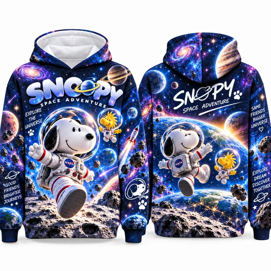 Snoopy Astronaut Space Galaxy Kids Hoodie Boys Girls Pullover Hooded Sweatshirt Cartoon Universe Planet Long Sleeve Tops