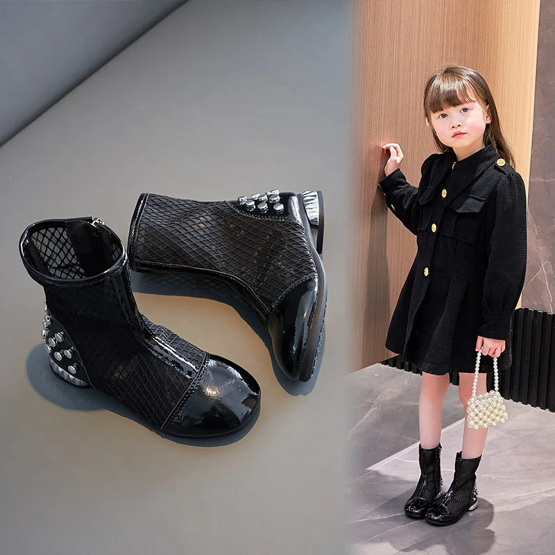 Fashion Cool Boots Summer New Mesh Zip Kids Shoes Korean Princess Ankle Boot Versatile Rivet High Top Sandals Casual Girls Shoes