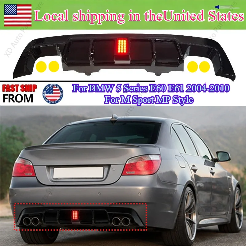 Gloss Black Quad Exhaust Rear Diffuser For BMW 5 Series E60 E61 2004-2010 For M Sport MP Style Lower With LED Light Bumper Lip
