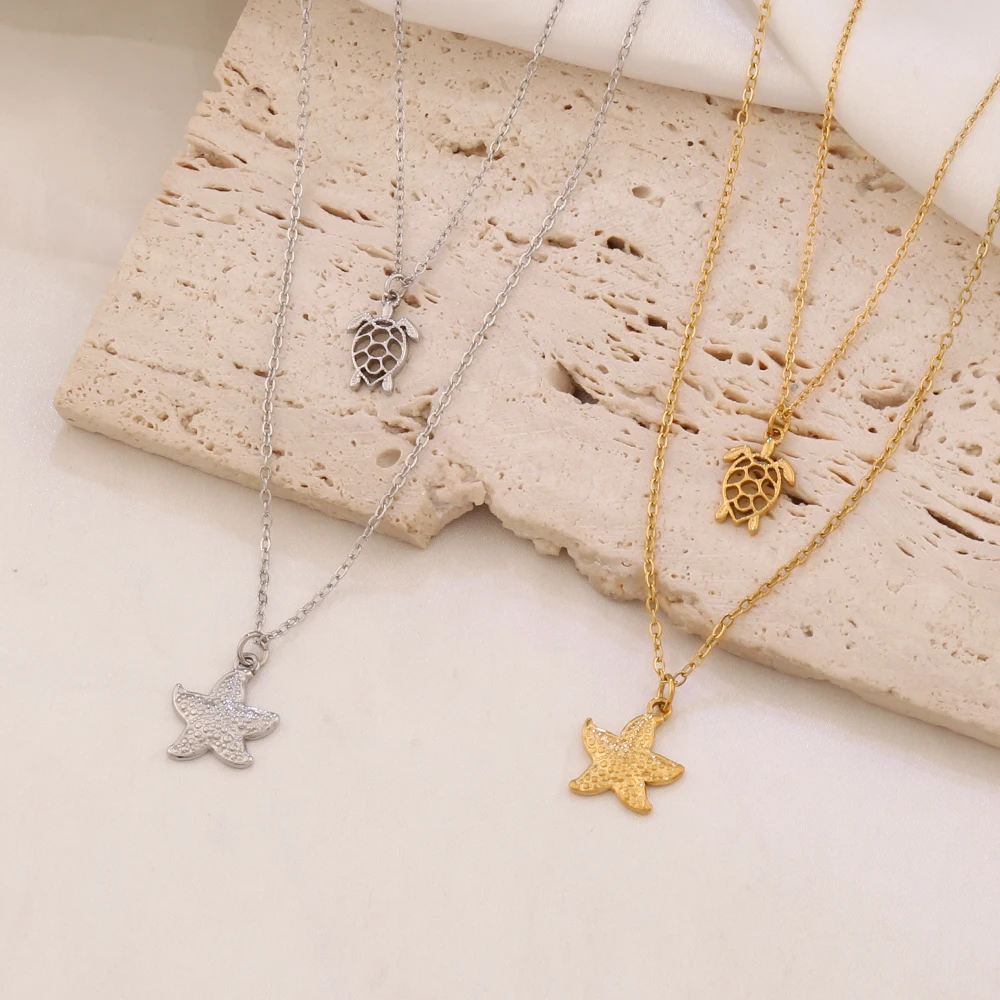 316L Stainless Steel Starfish Turtle Pendant Necklaces for Women Fashion Design Ocean Charms Double Layer Chain Necklace Jewelry