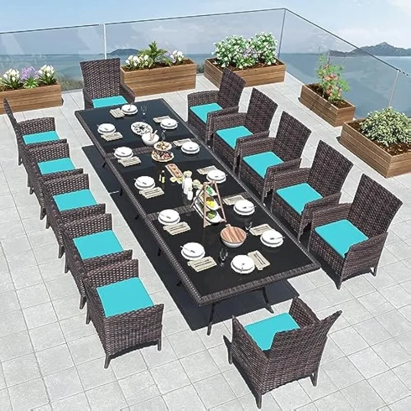 

Dining Set, Wicker Patio Furniture Set of 12 Rattan Chairs with Soft Cushions and Two Square Table with Umbrella Cutout, Blue